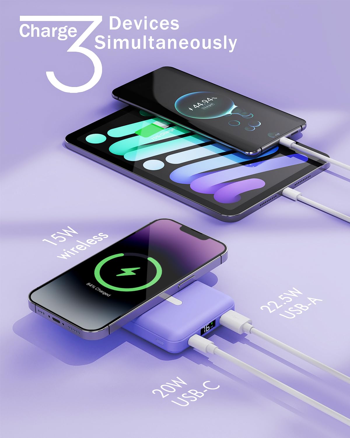 podoru for Magsafe Battery Pack, 10000mAh Magnetic Power Bank with Type-C Cable LED Display 22.5W PD Fast Charging Wireless Portable Charger for iPhone 16/15/14/13/12 Series-Purple