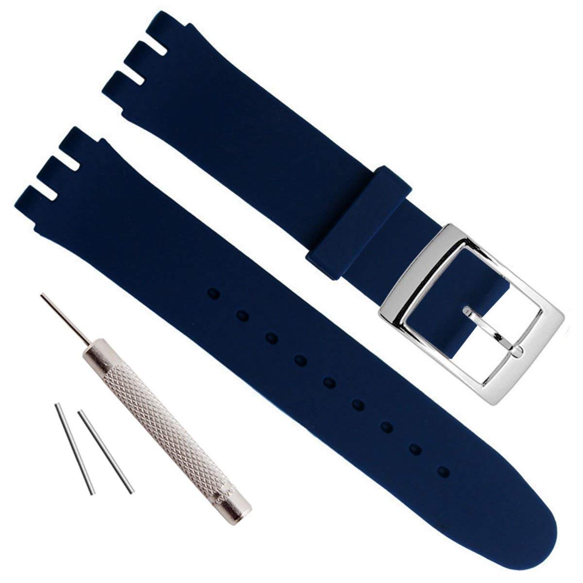 Silver Plated Stainless Steel Buckle Waterproof Silicone Rubber Watch Strap Watch Band (19mm, Navy Blue)