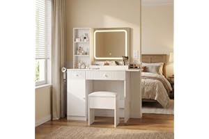 Makeup Vanity with Lighted Mirror, Vanity Desk Foldable Desktop, Power Strip, Adjustable Lighting, Drawers and Cushioned Stoo