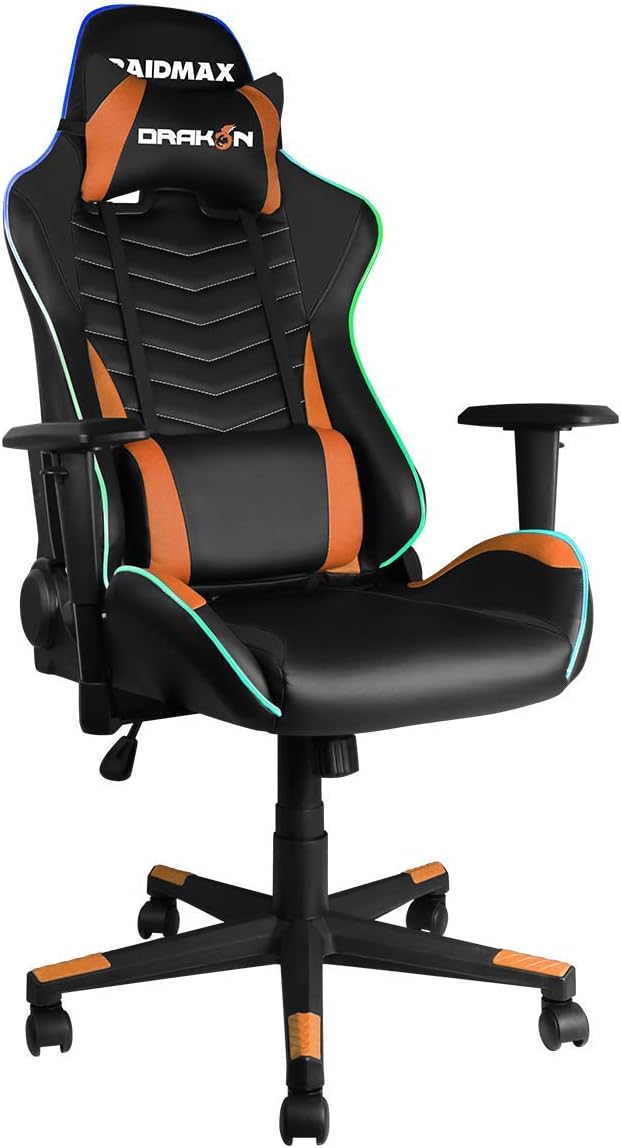 Drakon RGB Lighted Gaming Chair Racing Office Chair High Back Computer Desk Chair PU Leather Chair Executive and Ergonomic Swivel Chair with Headrest and Lumbar Support (Orange)