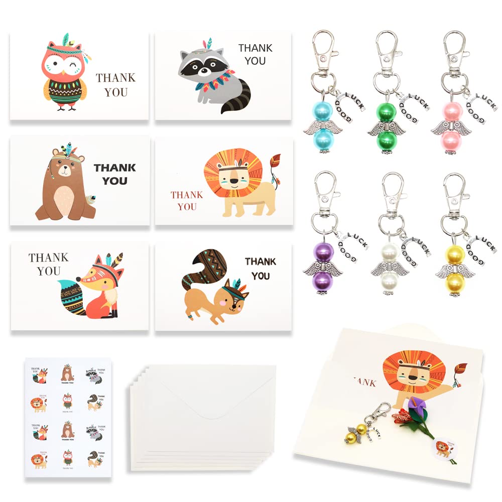 BITEYI Thank You Card Keychain set,6 Greeting Cards with Envelopes 6 Keyring 12 Sticker 12 Handmade Flowers,Gifts of Thanks for Colleagues Teachers Parents Friends (Animal)