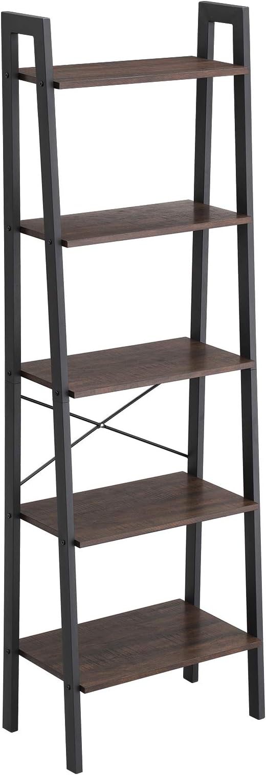 VASAGLE Industrial Ladder Shelf, 5Tier Bookcase, Storage Unit, Rustic