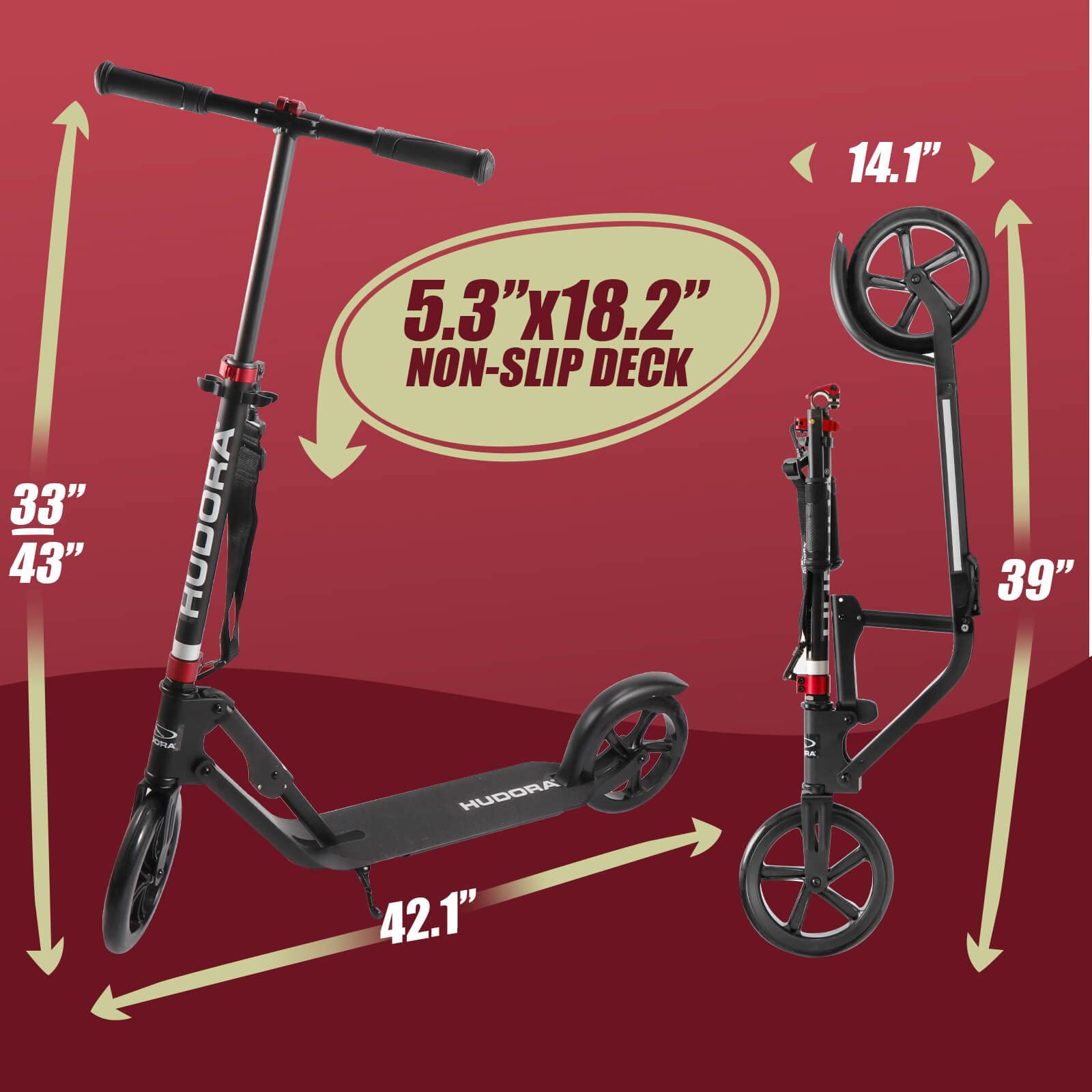 HUDORA BigWheel 209 Kick Scooter, The Original with RX Pro Technology, Folding City Scooter