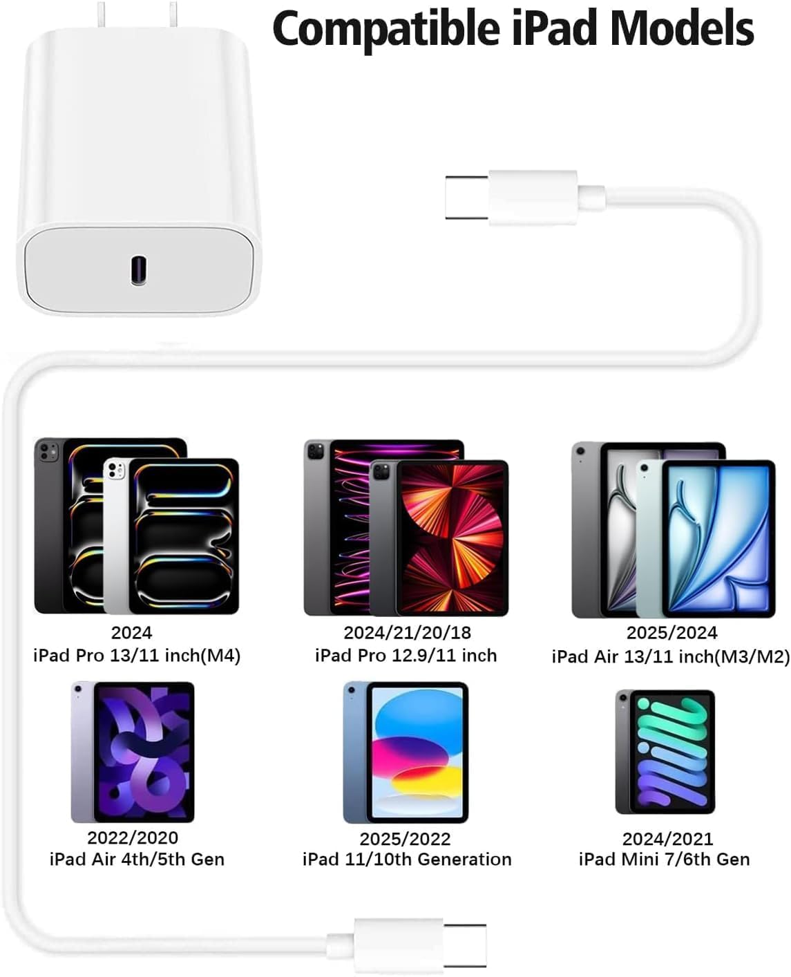 10FT iPad Charger Cord, 20W USB C Fast Charger with Long Charging Cable for iPad Pro 13/12.9/11 inch, iPad 10th Generation, iPad A16 11th Generation, iPad Air 13/11 inch/5th/4th, iPad mini 6/7th