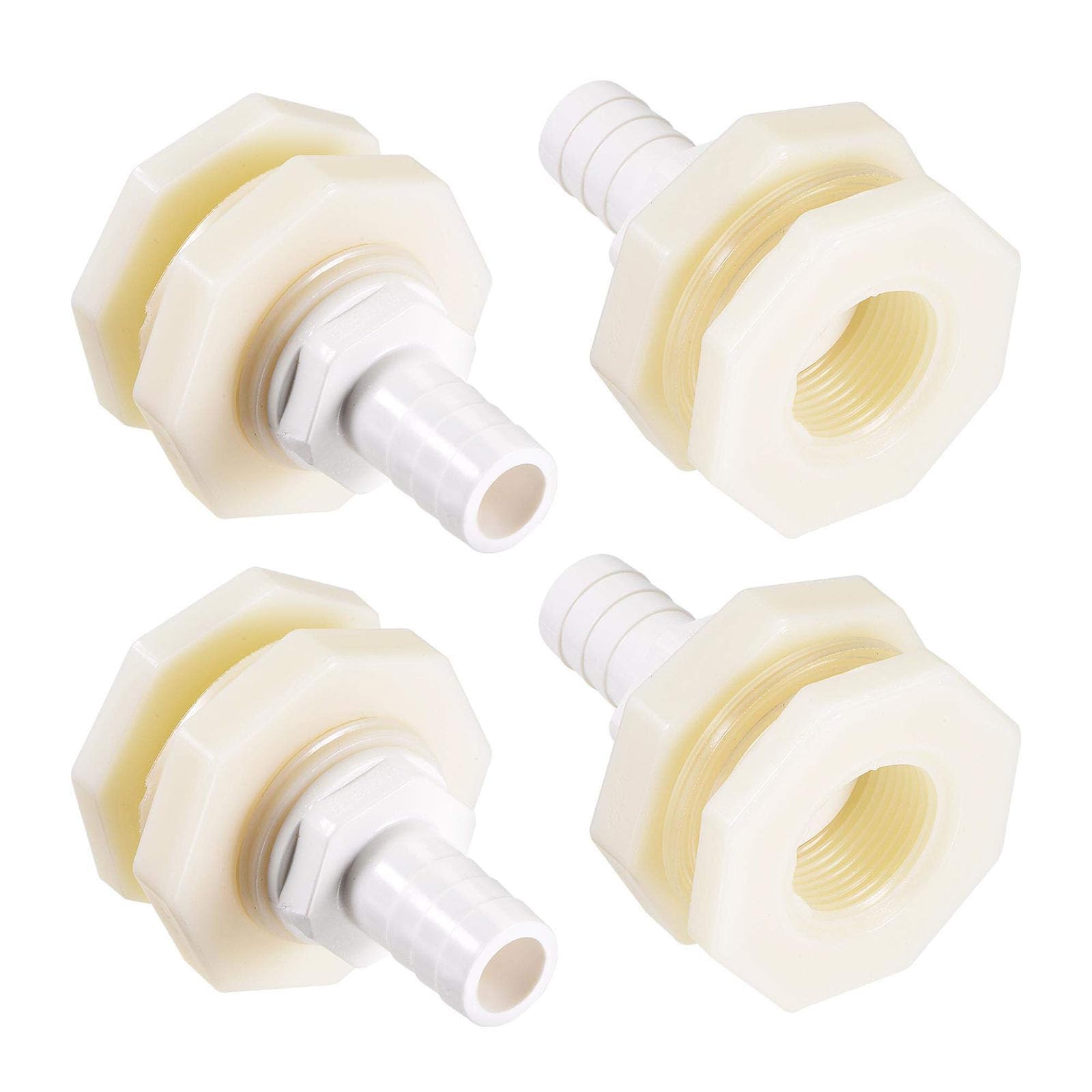 TOP-VIGOR 4Pcs Bulkhead Fitting Adapter, 16mm Water Tank Connector Barbed x G3/4 Female ABS for Aquariums, Tanks, Pools, Bathtubs, White