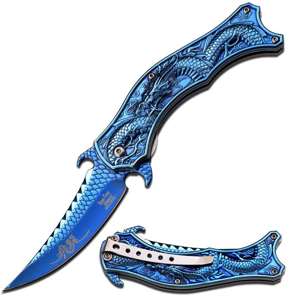 Dark Side Ballistics DS-A019 Series Spring Assist Folding Knife, Dragon Scale Detail Blade, 4.5-Inch Closed