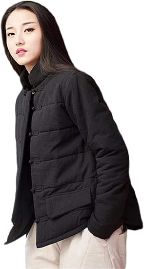 Amazon チューカー レディース ブルゾン ショートコート 中綿ジャケット 綿麻 厚手 秋冬アウター 暖かい ジャンパー 羽織り 長袖 オーバーコート チャイナボタン 立ち襟 中国風 ブラックf コート ジャケット 通販