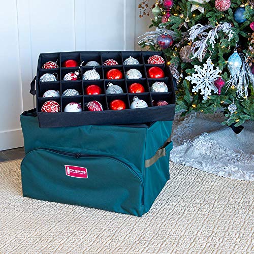 [Green Christmas Ornament Storage Box with Dividers] - Deluxe Ornament Keeper - (Holds 72 Ornaments up to 4 Inches in Diameter) | 3 Removable Trays with Separators | Top Pocket for Taller Decorations - Thumbnail 6