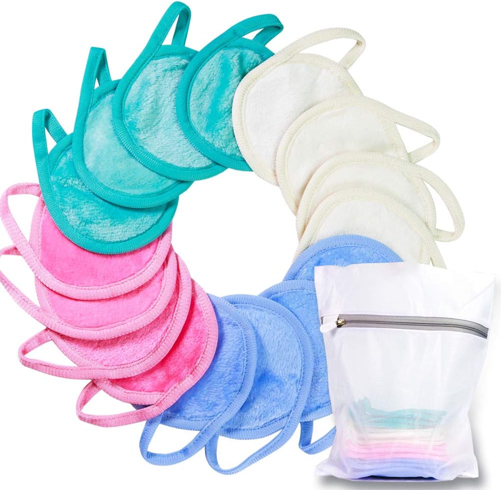 Nugilla Makeup Remover Pads,16 Pack 2 Layers 3.74 Inch Reusable Microfiber Cleansing Pad with Laundry Bag Suitable for All Skin Types,4 Color Facial Cleansing Pad Set.