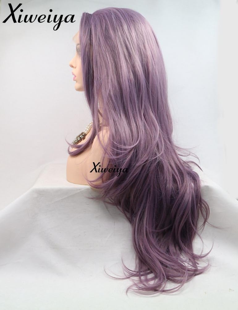 Xiweiya 24inch Mixed Purple Hair Wig Long Body Wave Mixed Purple Synthetic Lace Front Wigs For Women Side Part Heat Resistant Fiber Makeup 24 Inches - Image 3