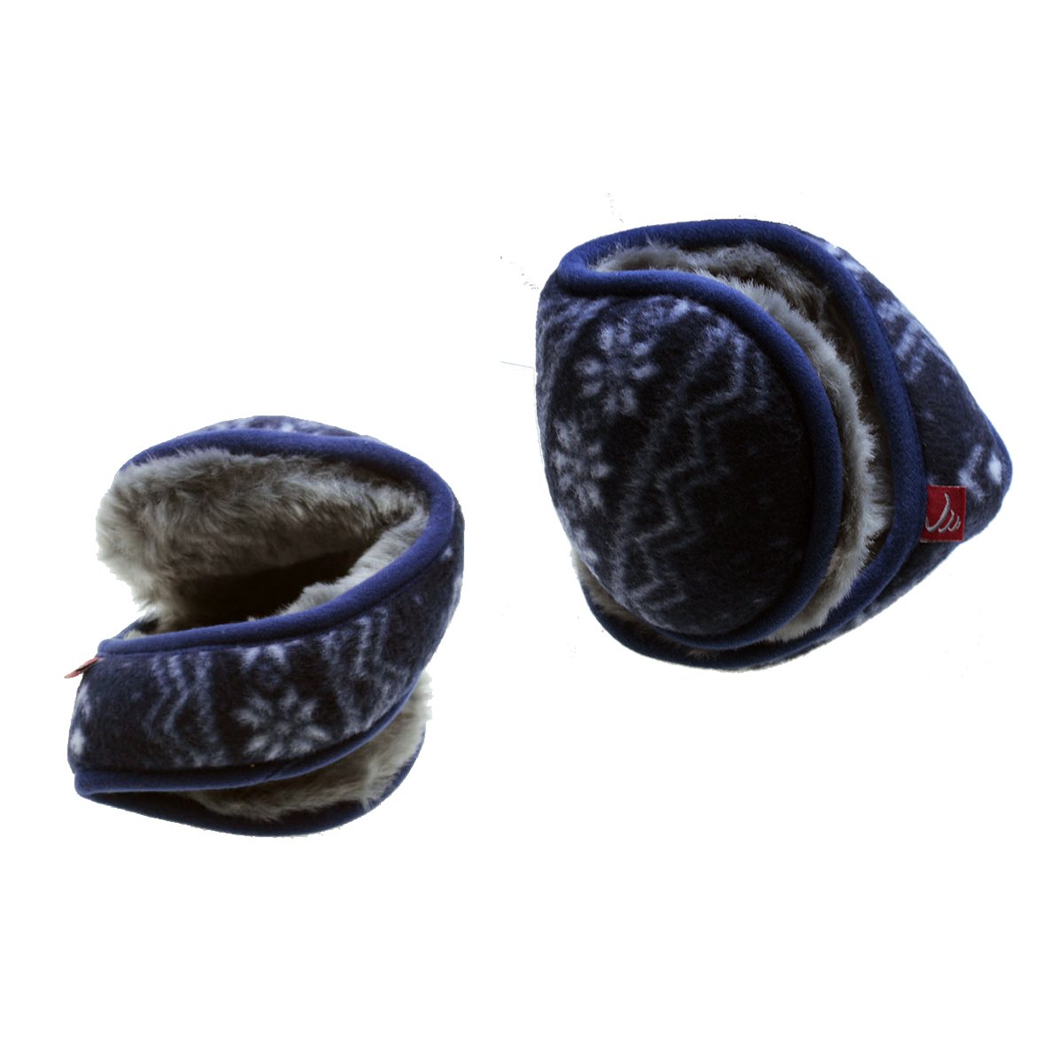 JUSTIME Unisex Foldable Ear Warmers Polar Fleece Winter Accessory Outdoor EarMuffs- Back Worn Stylish Cozy Earmuff-Snowflake Pattern(Navy Blue)