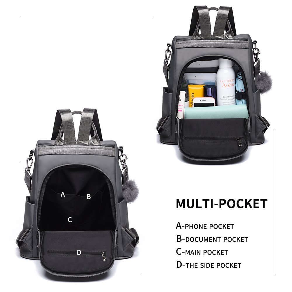 Women Backpack Purse Waterproof Nylon Anti-theft Rucksack Lightweight Shoulder Bag (Gray)