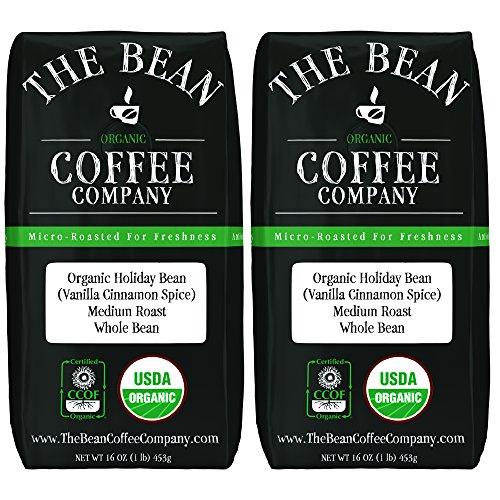 The Bean Coffee Company Organic Holiday Bean (Vanilla Cinnamon Spice), Medium Roast, Whole Bean, 16-Ounce Bags (Pack of 2)