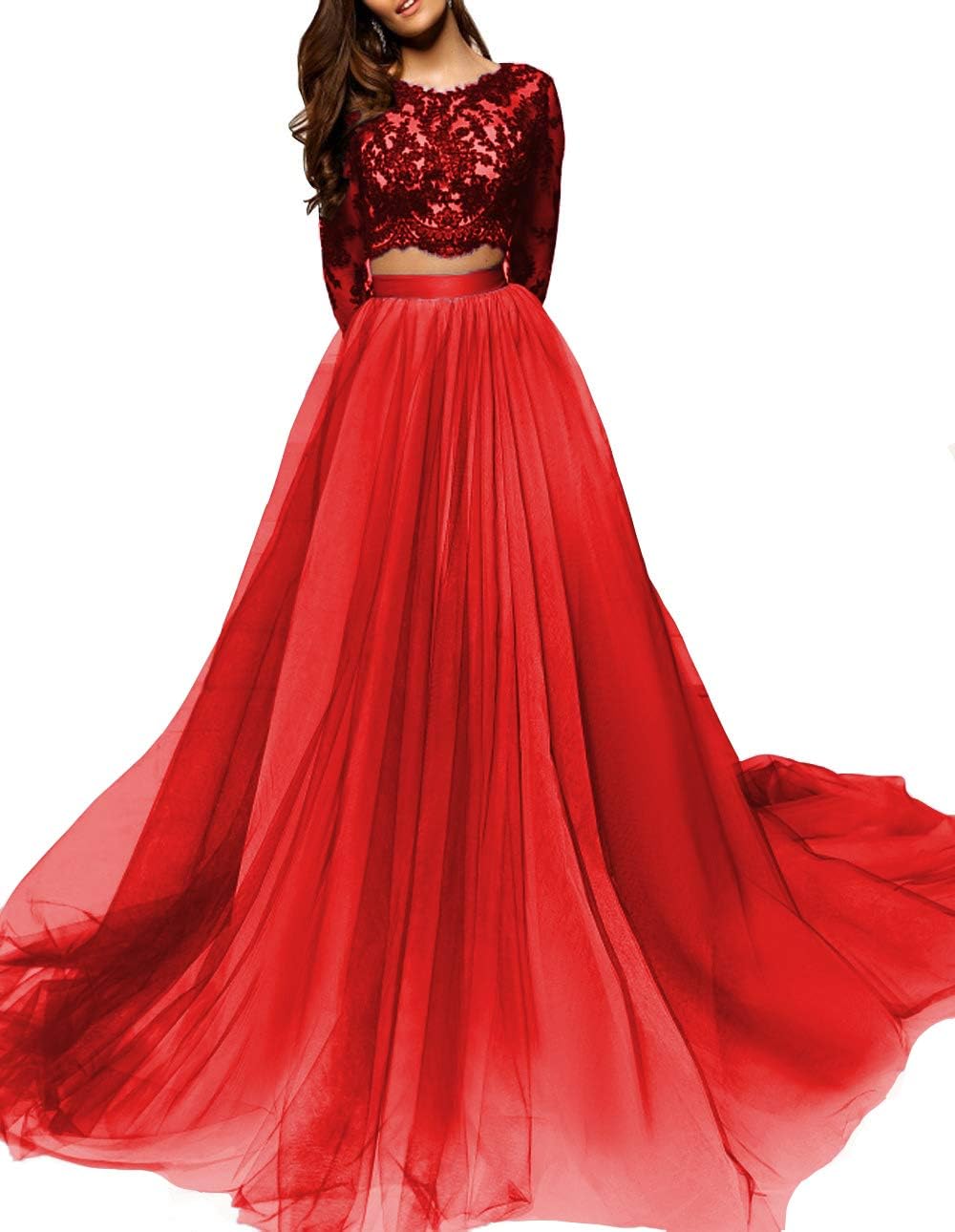 Scarisee Womens Long Sleeves Two Pieces Evening Dresses Lace Prom Party GownSA59