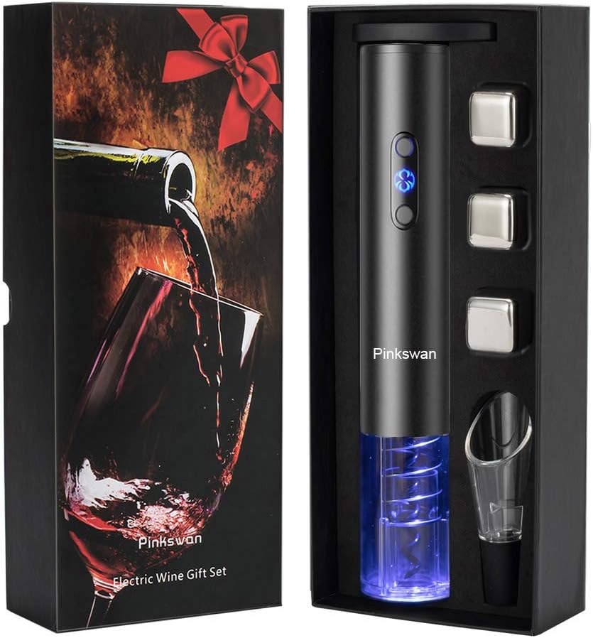 Wine Opener Electric Gift Set, Whiskey Stone Wine Lover Gifts with Wine Accessories of Automatic Corkscrew, Metal Ice Cube, Wine Pourer, Foil Cutter 4-in-1 set