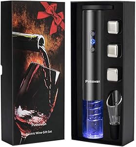 Wine Opener Electric Gift Set, Whiskey Stone Wine Lover Gifts with Wine Accessories of Automatic Corkscrew, Metal Ice Cube, Wine Pourer, Foil Cutter 4-in-1 set