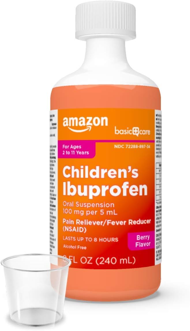 Basic Care Children's Ibuprofen Oral Suspension 100 mg per 5 mL (NSAID), Pain Reliever and Fever Reducer, Berry Flavor, 8 Fluid Ounces: Health & Personal Care