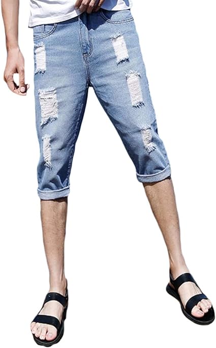 Amazon Shuming メンズ クロップドパンツ スリム ハーフパンツ デニム ダメージ加工 ファッション ハーパン ヴィンテージ おしゃれ 半ズボン ストリート系 カッコイイ ジーンズ 夏 ブルー ショートパンツ 通販