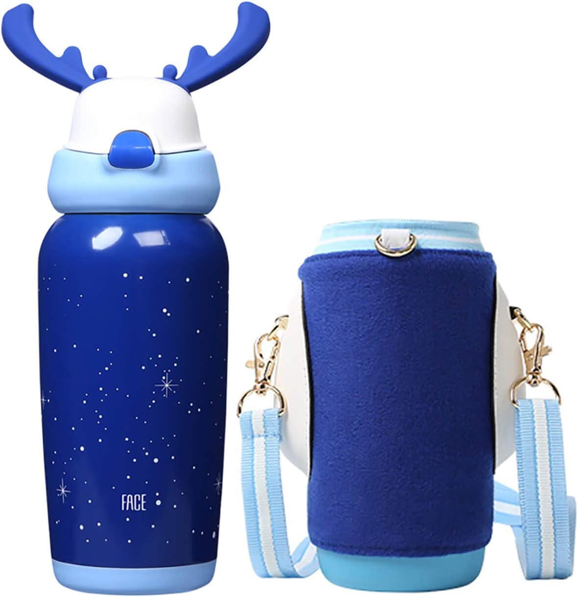 FACE Kids Water Bottle Cute Thermoses Insulated Stainless Steel Thermal Birthday Girl Boy Gifts Reindeer Antlers Funtainer, BAP Free, Leak-Proof,450 ml/15 oz