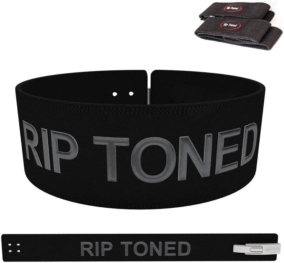 Rip Toned Lever Belt with Bonus Lifting Straps - 4" Leather Weight Lifting & Powerlifting Back Support - 10mm Belt for Strength Training, Xfit, Bodybuilding, MMA