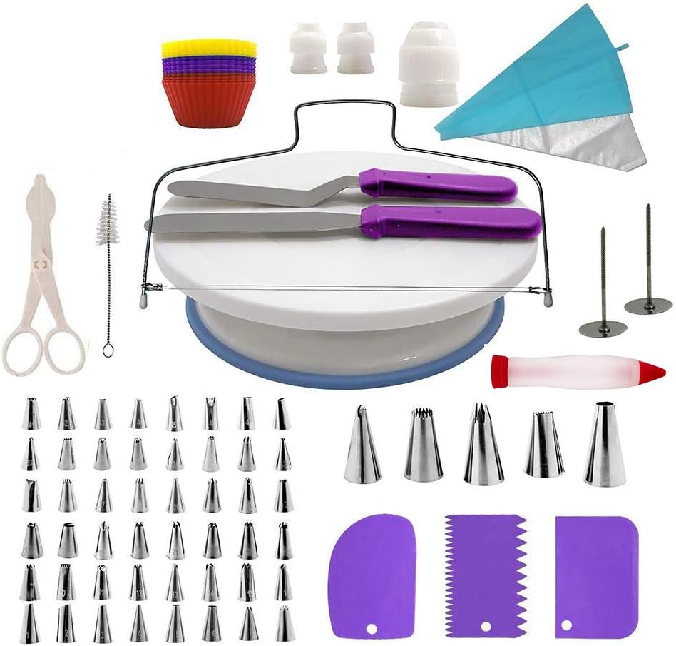 FantasyDay 106-Piece Cake Decorating Supplies Baking Tools with 54 Piping Nozzles Icing Tips, 25 Disposable Bags, 12 cupcake, 2 Reusable Pastry Bags, 3 Couplers, 2 Spatulas, 3 Scrapers, Cake Turntable