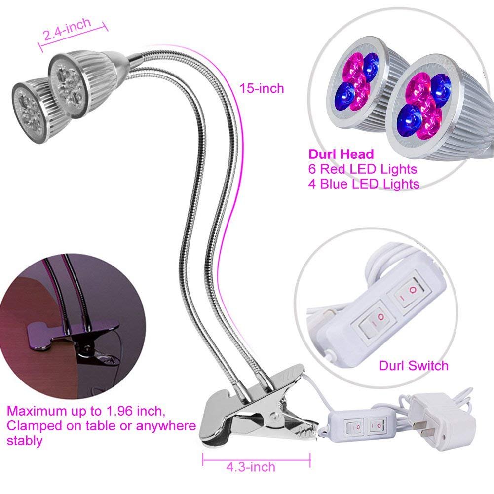 Grow Light + Timer Outlet , 10W Dual Head 360° Gooseneck LED Plant Lamp with Auto Power on / Off, Timing for Plants, Indoor Garden, Vegetable, Flowers, Fruits, Succulents, Seedlings Starting