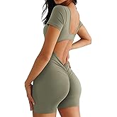QOQ Womens Workout Jumpsuits Shorts Sleeve Square Neck Backless One Piece Bodycon Scrunch Butt Yoga Rompers