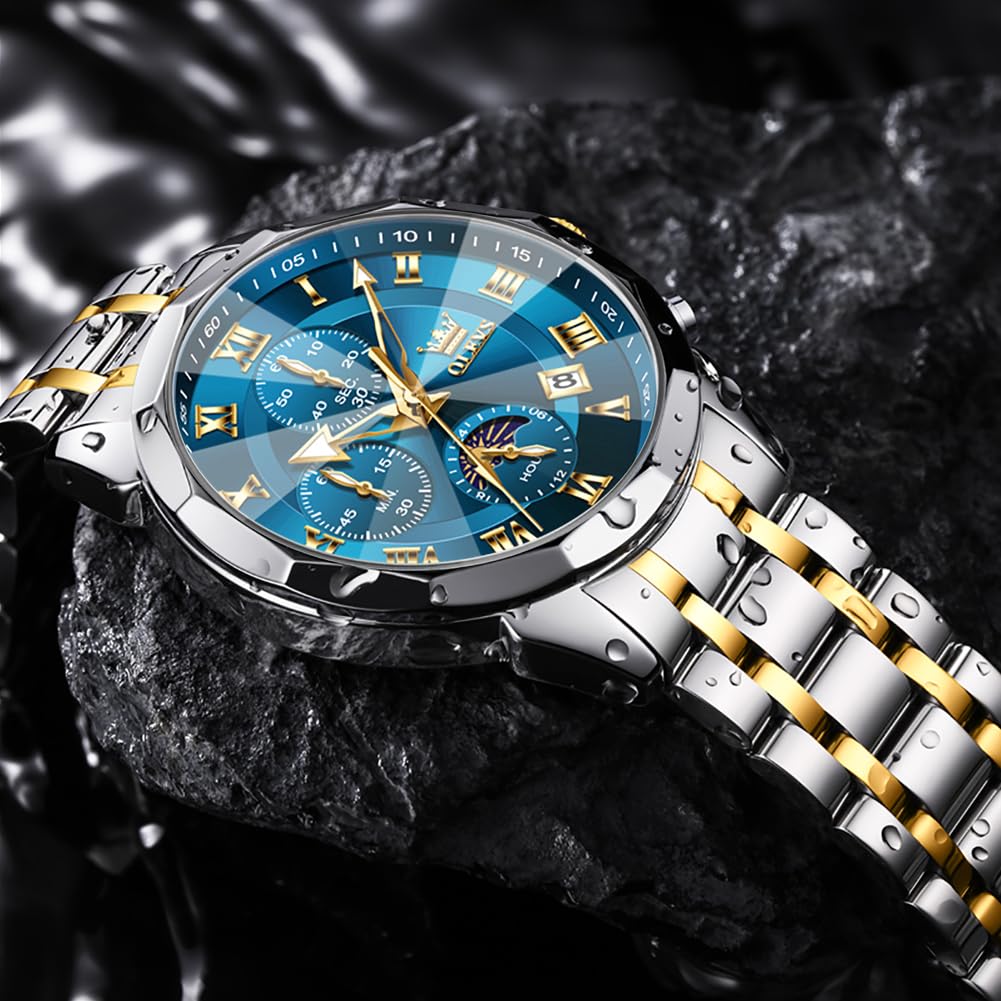 OLEVS Männer Uhr Quarz Luxus Business Uhren Multifunktion Chronograph Mondphase wasserdicht Leuchtend blaues Gesicht Silber Edelstahl Armbanduhren 3