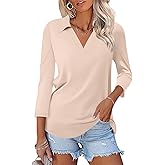 TICTICMISS Womens V Neck Polo Shirts 3/4 Sleeve Collared Tops Business Casual Summer Tops Trendy Loose