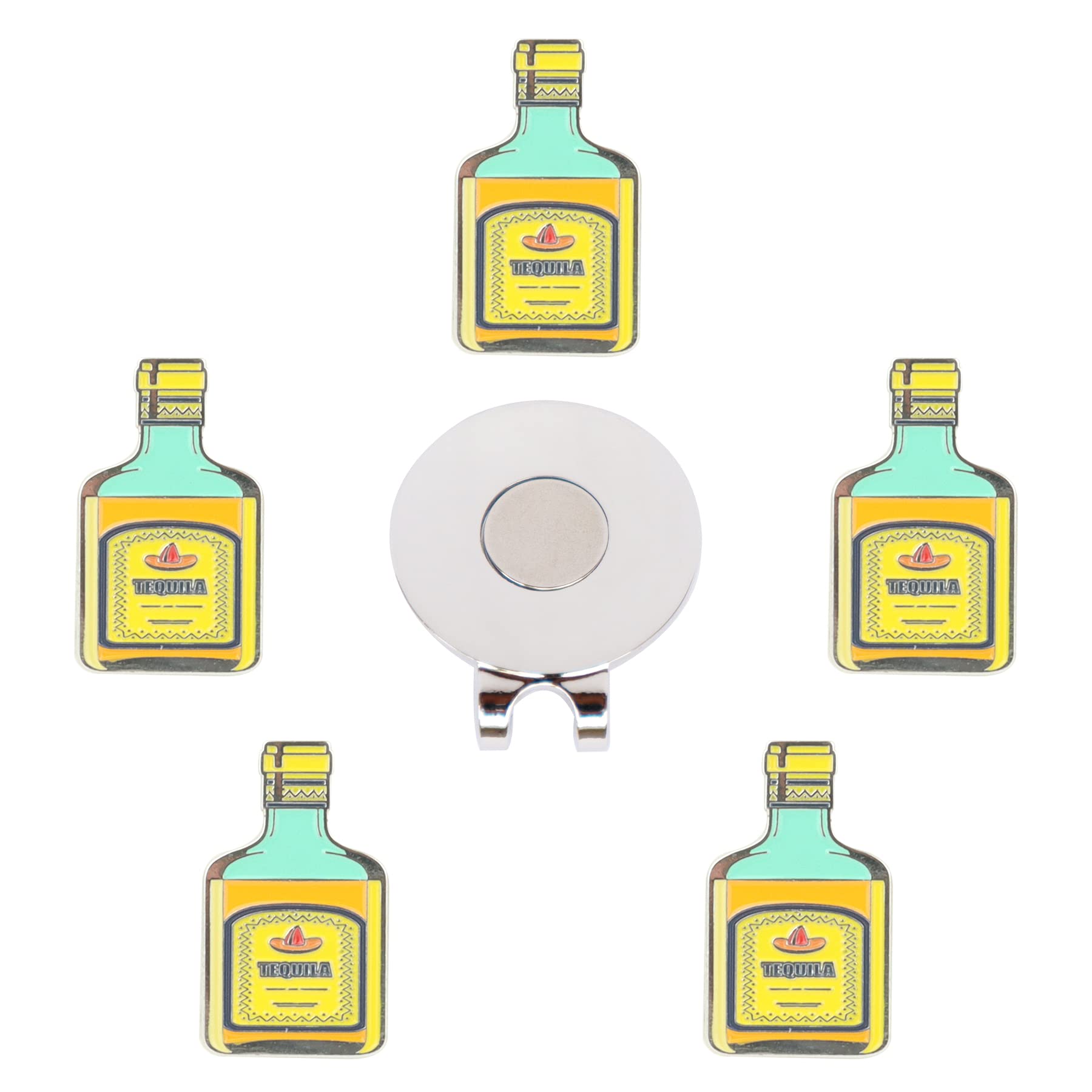 Eshan Golf Ball Markers Magnetic Hat Clips Set Golf Bag Accessories Gift for Men Women Golfer Fan (5 Ball Markers & 1 Hat Clip) (Tequila)
