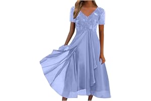OPLXUO Mother of The Bride Dresses for Women Short Sleeve V-Neck Lace Chiffon Flowy Wedding Guest Dress Formal Evening Gown