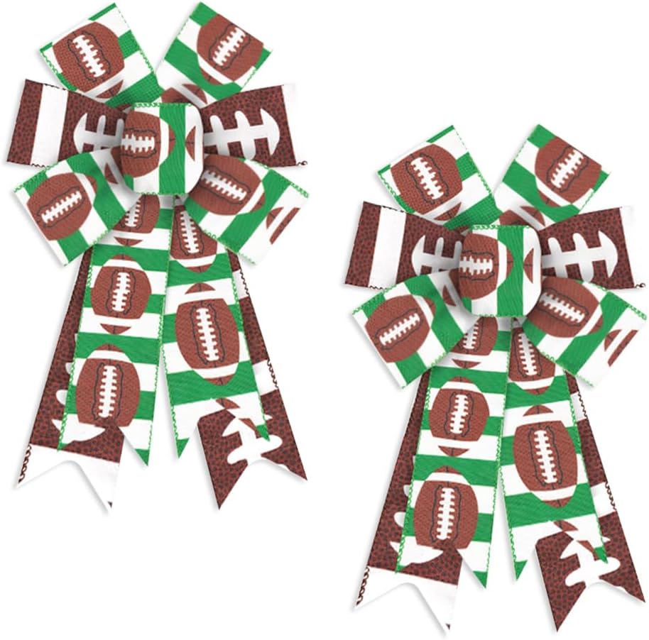 Bows & Ribbons - 2PCS Fall Wreath Bows Thanksgiving Fall Bow for Wreath Green White Strips American Football Burlap Decor Bows Sports Fabric Ribbon Bows for Thanksgiving Party Indoor Outdoor Wreath Decoration Supplies