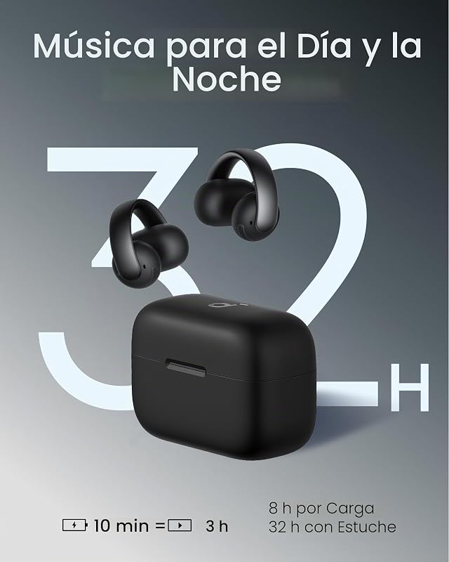 AeroClip Soundcore da Anker, Auscultadores de Ouvido Abertos, Conforto de Adaptação, Chamadas Claras com 4 Microfones AI, Ajuste Estável, Altifalantes de 12 mm para Som Claro, Forma de Anel Aberto