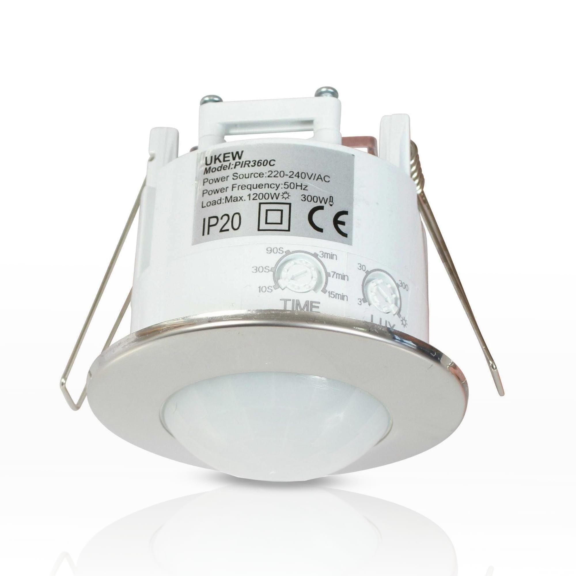 360 Degree PIR Motion Sensor - 1200W Chrome Recessed Ceiling Mounted Occupancy Light Switch with Adjustable Timer & LUX Control - Presence Detector for Home Security