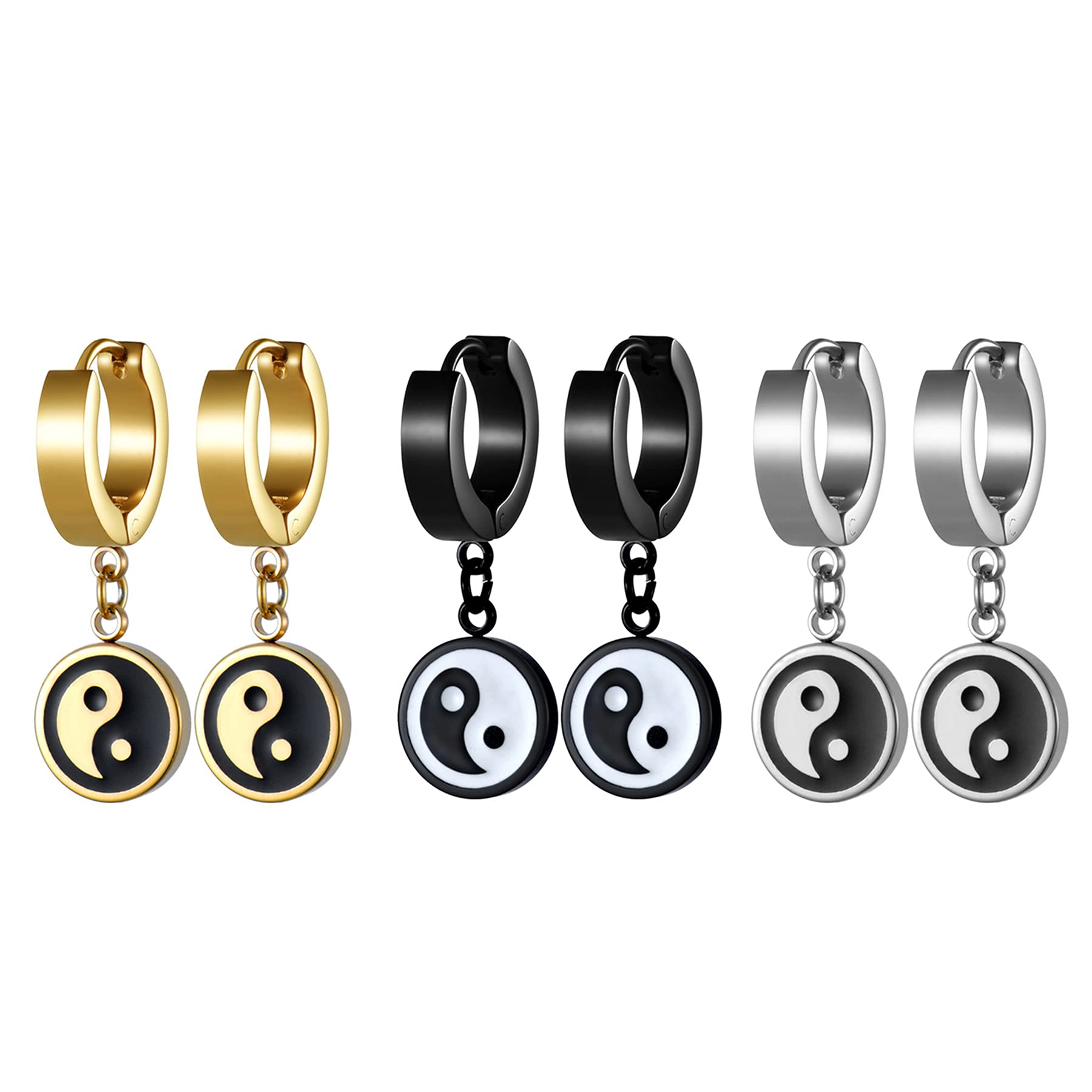 Cupimatch 3 Pairs Yin Yang Taiji Dangle Earrings, Stainless Steel Huggie Hinged Hoop Earrings for Men Women