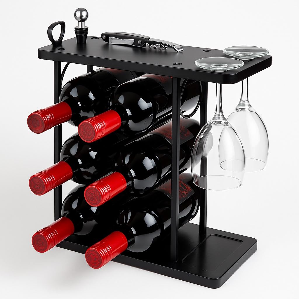 Velvet183 6 Bottle Wine Rack Countertop – Small Black Wooden Wine Rack with Glass Holder – Compact Wine Storage Stand for Kitchen, Home Bar