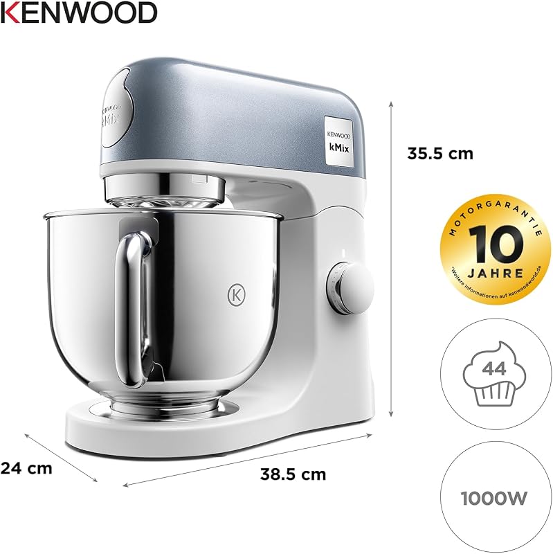 kMix Editions KMX760BL Küchenmaschine, 5 l Edelstahl Schüssel, Safe-Use-Sicherheitssystem, Metallgehäuse, 1000 Watt, inkl. 3-Teiligem Patisserie-Set und Spritzschutz, Blau Metallic