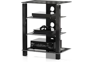 FITUEYES 4-Tier AV Media Cabinet Stand Component Cabinet, Gaming TV Stand and Stereo Rack Audio Tower with Height Adjustable Tempered Glass Shelves, AS406003GB