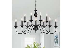 LIGHTDAMY Black Farmhouse Chandeliers for Dining Room Light Fixtures Over Table, 12 Light Industrial Candle Hanging Chandeliers for Living Room Kitchen Island Foyer Staircase