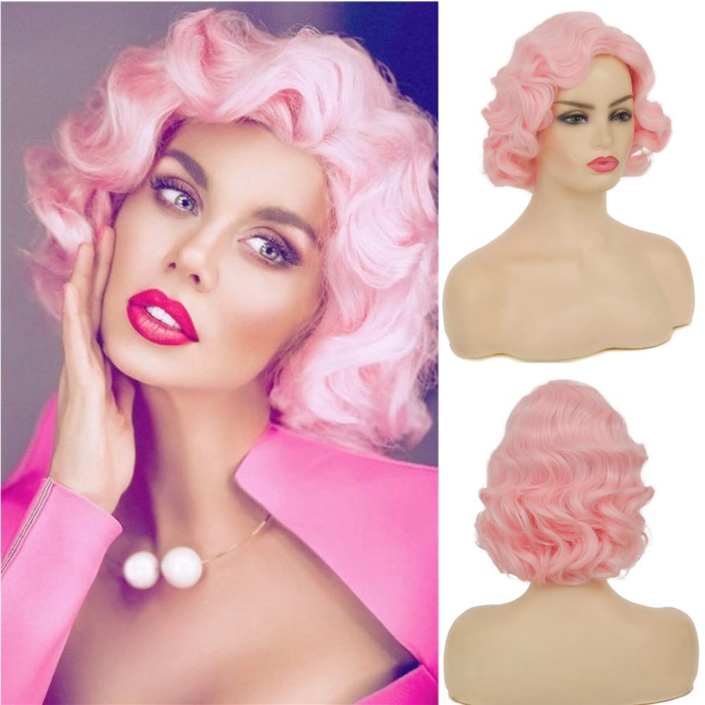 Photo 1 of Swiking Short Pink Curly Finger Wave Wigs for Women Synthetic Wig Cosplay Halloween Flapper Vintage Hair Wig (Pink)