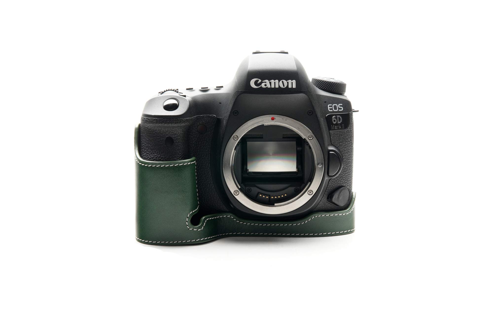 Eos 6D Mark II Case, Zakao Handmade Genuine Real Leather Half Camera Case Bag Cover for Canon Eos 6D Mark II Bottom Opening Version With Hand Strap (Green)