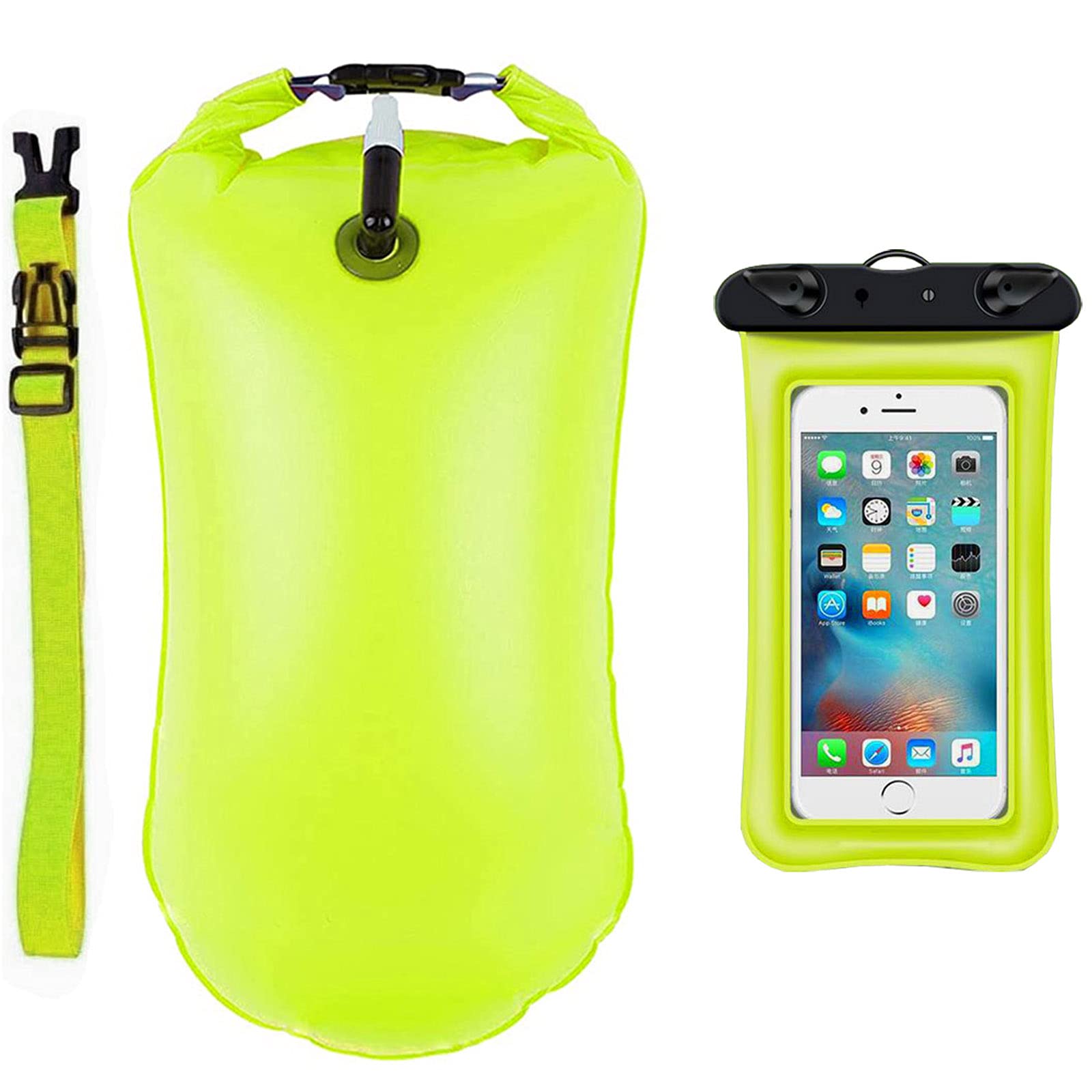 LEKIA Swimming Buoy High Visibility Adult Swimming Buoy with Dry Bag IPX8 Waterproof Mobile Phone Case for Open Water Inflatable Safety Rescue Buoy for Swimming Triathlon - Yellow