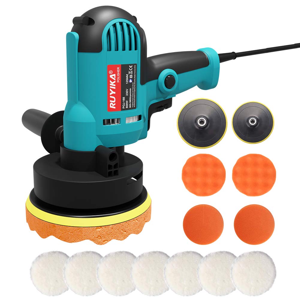 RUYIKA 5inch Electric Car Polisher 800W Buffer Polishing Machine Sander Pads Kit, 6 Variable Speed, 12Pcs Accessories