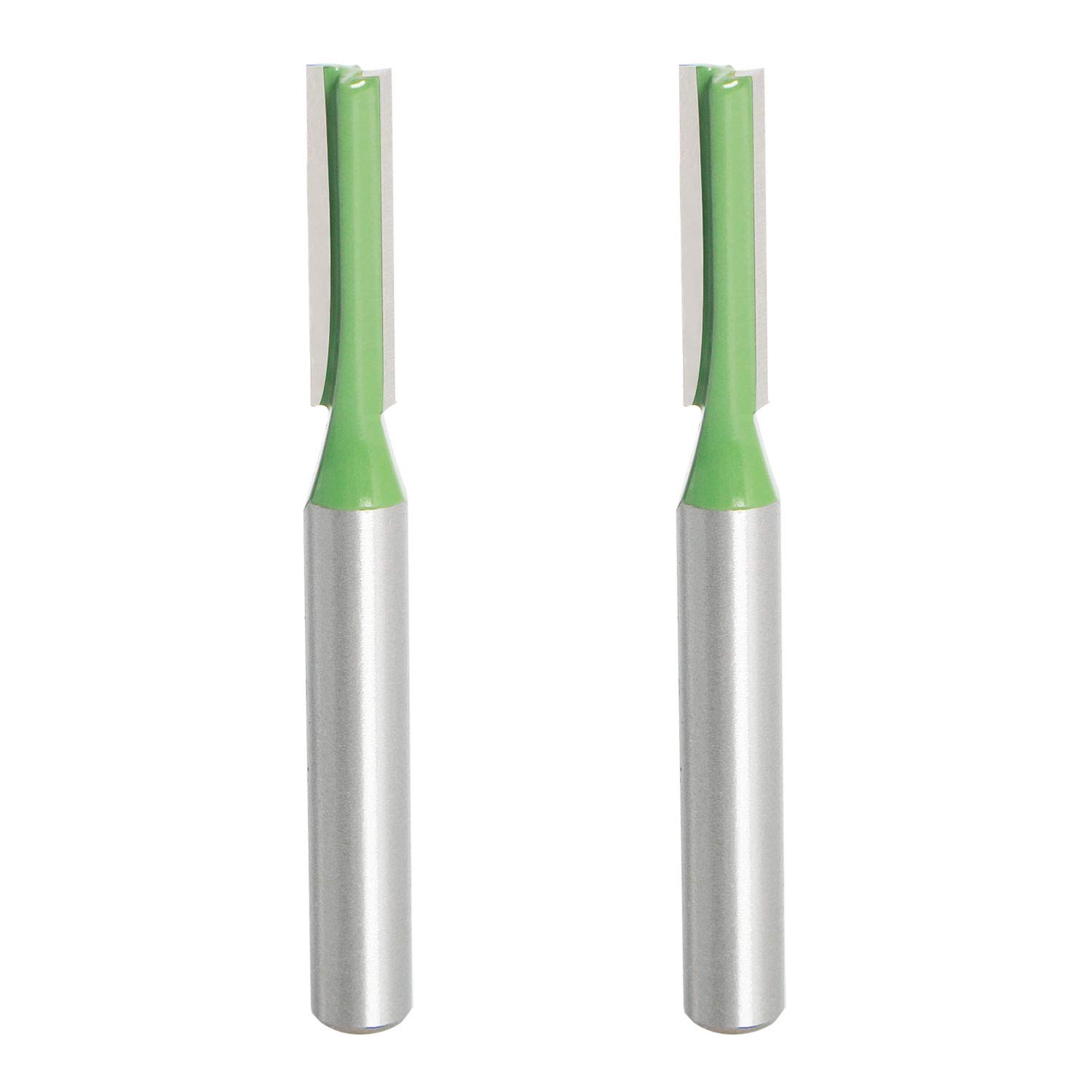 Aopin Router Bit 5mm Cutting Dia 6mm Shank Dia Double Flute Straight Bit Carbide for Woodworking Milling Cutter Tool, Green, Silver, 2Pcs