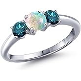 Gem Stone King 925 Sterling Silver Simulated White Opal and Blue Diamond Engagement Ring For Women | 1.04 Cttw | Round Cabochon 5MM | Gemstone October Birthstone