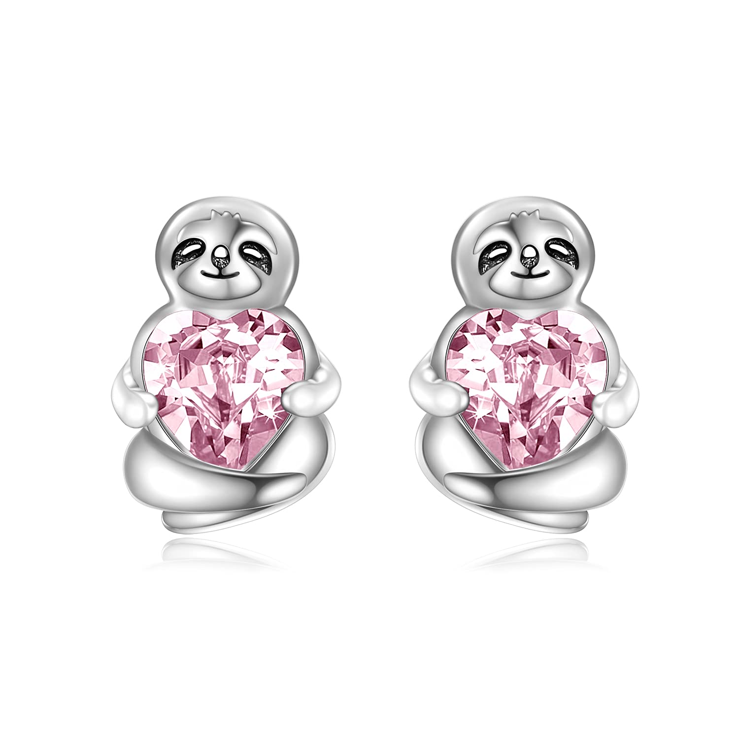 Sterling Silver Sloth Stud Earrings with Heart Crystals, Birthday Sloth Gifts for Women Girls Her (Pink)