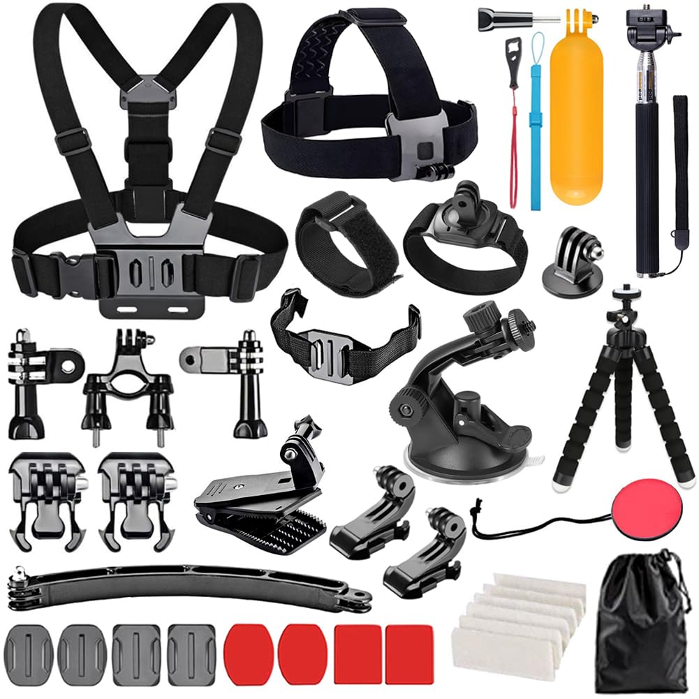 YHTSPORT Action Camera Accessories Kit Set Compatible with GoPro Hero 13 12 11 10 9 8 Max 7 6 5 4 Black 2018 Session Fusion Silver White Insta360 DJI SJCAM APEMAN AKASO and Others Cameras (28in1)