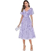 MCOLLNAS Tea Length Mother of The Bride Dresses for Women Sequin Tulle A Line Formal Gown with Sleeves