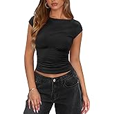 Womens Boat Neck Tops for Women Ruched Cap Sleeve Top Summer Cute Going Out Fitted Cropped T Shirts Basic Clothes