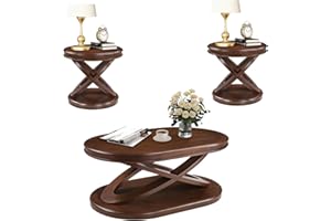 LKTART Living Room Coffee Table Set of 3, Oval Wood Coffee Table and Round End Tables Set of 2, Vintage Antique Coffee Table Sets with X-Shape Support,Walnut